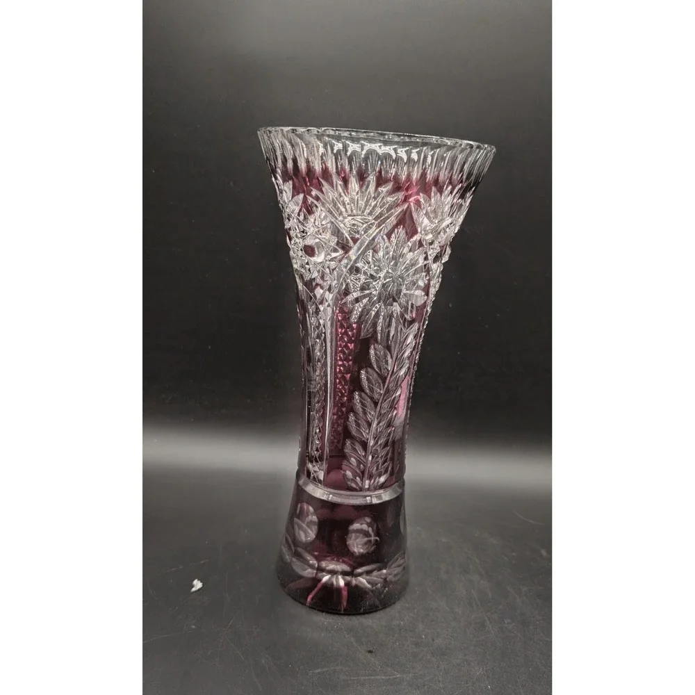 Vintage Amethyst Purple Cut to Clear Crystal Vase Pinwheel Starburst 10.5 inch